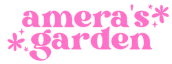 Pink 'amera's garden' text with decorative stars on a white background