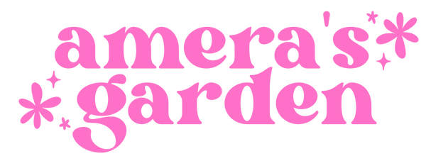 Pink 'amera's garden' text with decorative stars on a white background